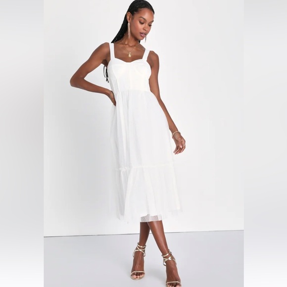NWT- Lulu’s Feeling Gorgeous White Swiss Dot Tulle Bustier Midi Dress - Picture 1 of 5